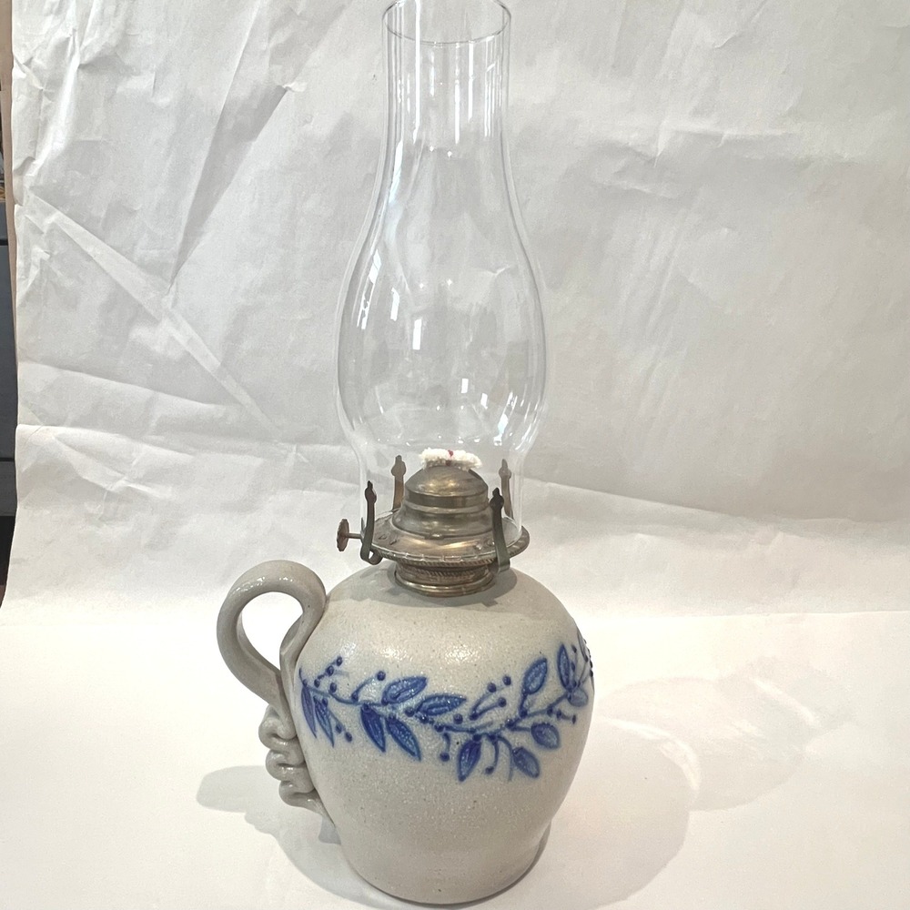 Salmon Falls Stoneware Kerosene Oil Lamp & Chimney‎ Blueberry Vine Signed 1999